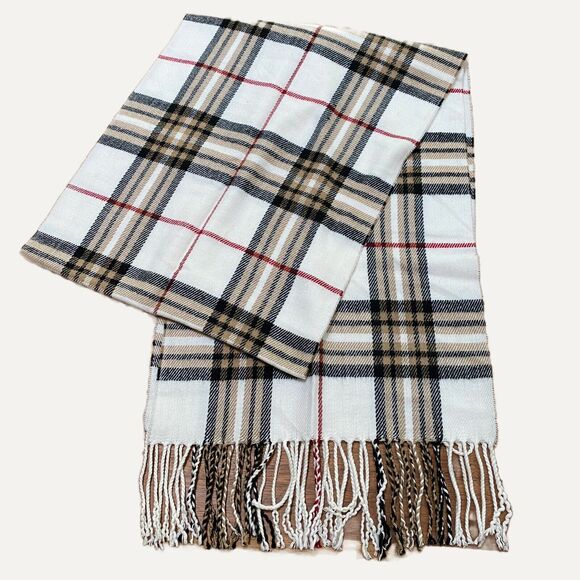 Unisex Scarf Warm Cashmere Feel Italian Design Tan Black & Cream Plaid w/ Fringe - Picture 1 of 5